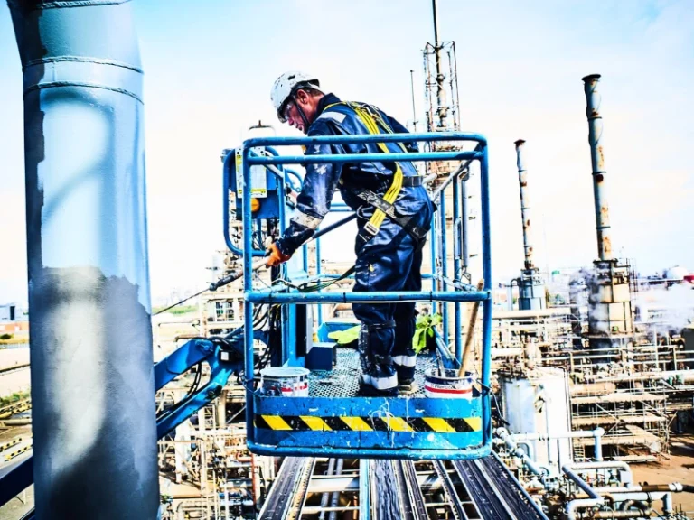 A KAEFER worker uses a mobile elevated platform to paint a pipe at a petrochemical plant